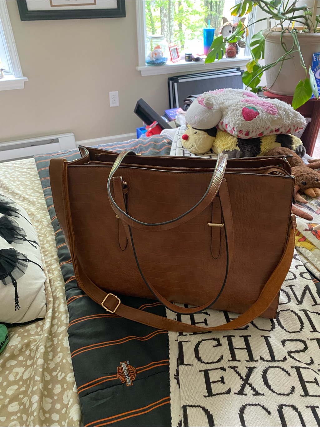 Brown Crocodile Pattern Leather Laptop Tote Bag